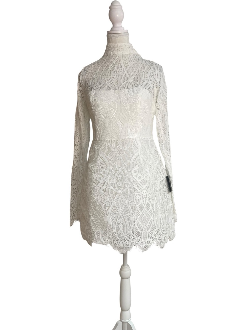 Lulus Gorgeous Attraction High Neck Structured Long Sleeve Lace Mini Dress White